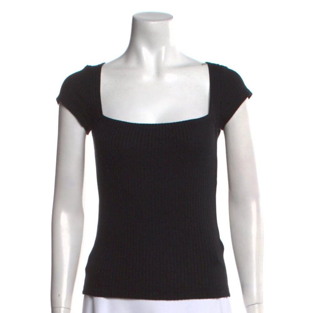 Reformation Black Ribbed Knit Short Sleeve Top with Square Neckline